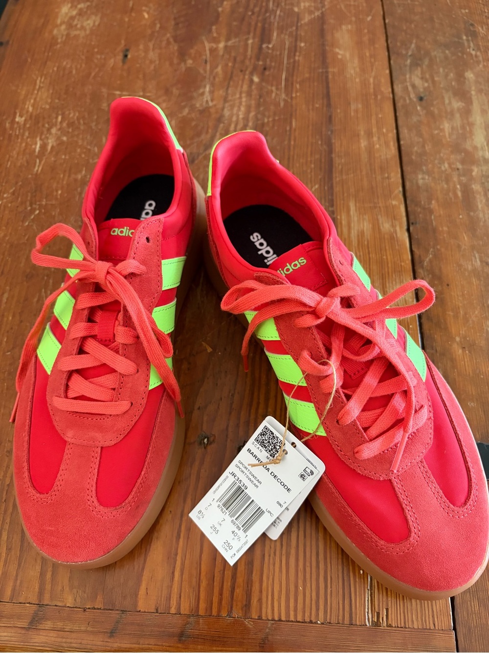 adidas Red Sneakers with Neon Green Stripes